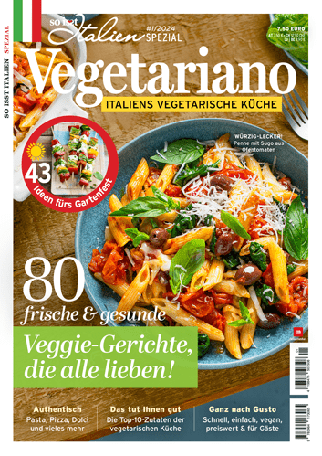 Ein vegetarisches Pastagericht mit viel Gemüse auf dem Cover des Magazins So isst Italien „Vegetariano“