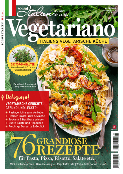 Farfalle mit Rucola und gegrillten Nektarinen auf dem Cover des Magazins So isst Italien „Vegetariano“
