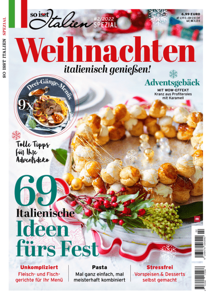 Kranz aus kleinen Profiteroles mit Karamell auf dem Cover des Magazins So isst Italien „Weihnachten“
