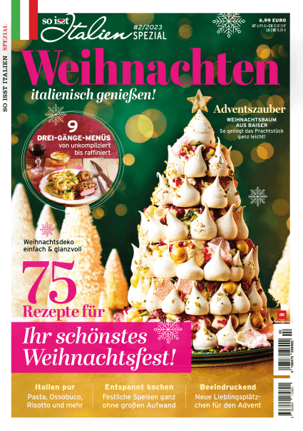 Ein Turm aus Baisertupfen in Form eines Weihnachtsbaums auf dem Cover des Magazins So isst Italien