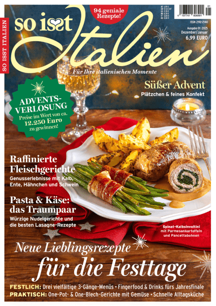 Spinat-Kalbsinvoltini mit Parmesankartoffeln und Pancettabohnen auf dem Cover von So isst Italien