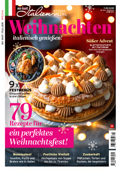 Blätterteigtorte mit Zimtcreme und kandierten Orangen auf dem Cover von „So is(s)t Italien Weihnachten Spezial 2/2024“