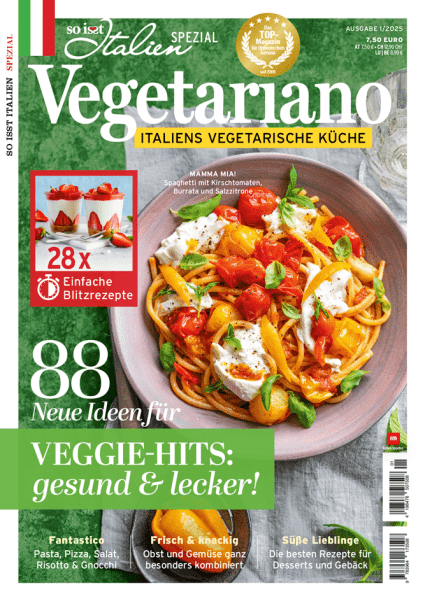 Spaghetti mit Kirschtomaten, Burrata und Salzzitrone auf dem Cover von der So isst Italien Vegetariano Spezial 01/2025