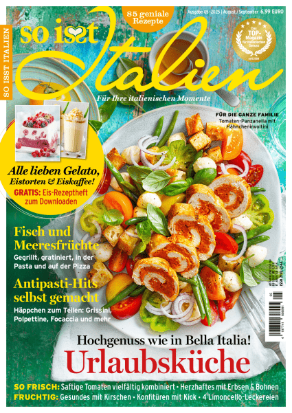 Tomaten-Panzanella mit Hähncheninvoltini auf dem Cover der So isst Italien 5/2025