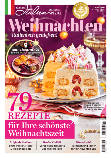 Orangen-Himbeer-Semifreddo alla Tiramisu auf dem Cover des So isst Italien-Spezial Weihnachten 02/2025
