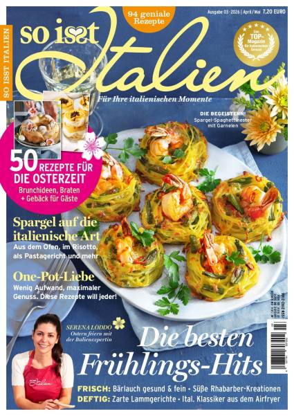 Spargel-Spaghettinester mit Garnelen auf dem Cover der So isst Italien 3/2026