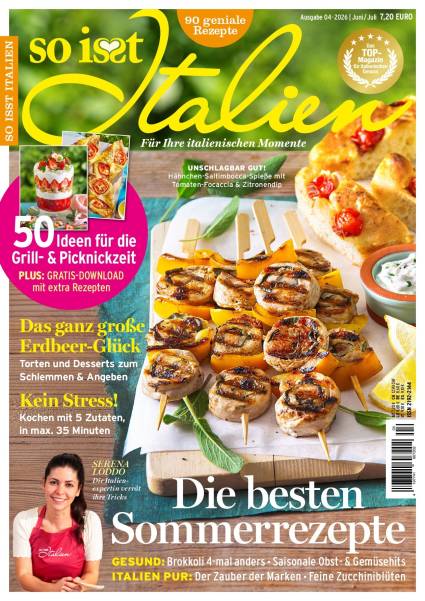 Hähnchen-Saltimbocca-Spieße mit Tomaten-Focaccia & Zitronendip auf dem Cover der So isst Italien 4/2026