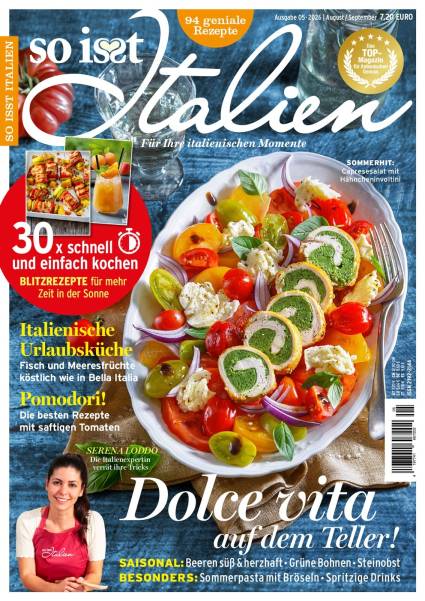 Capresesalat mit Hähncheninvoltini auf dem Cover der So isst Italien 05/2026