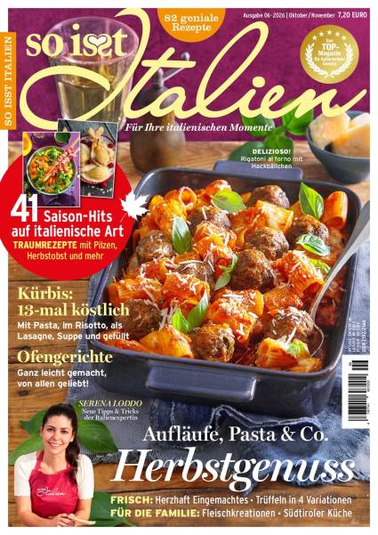 Rigatoni al forno mit Hackbällchen auf dem Cover von So isst Italien 06/2026