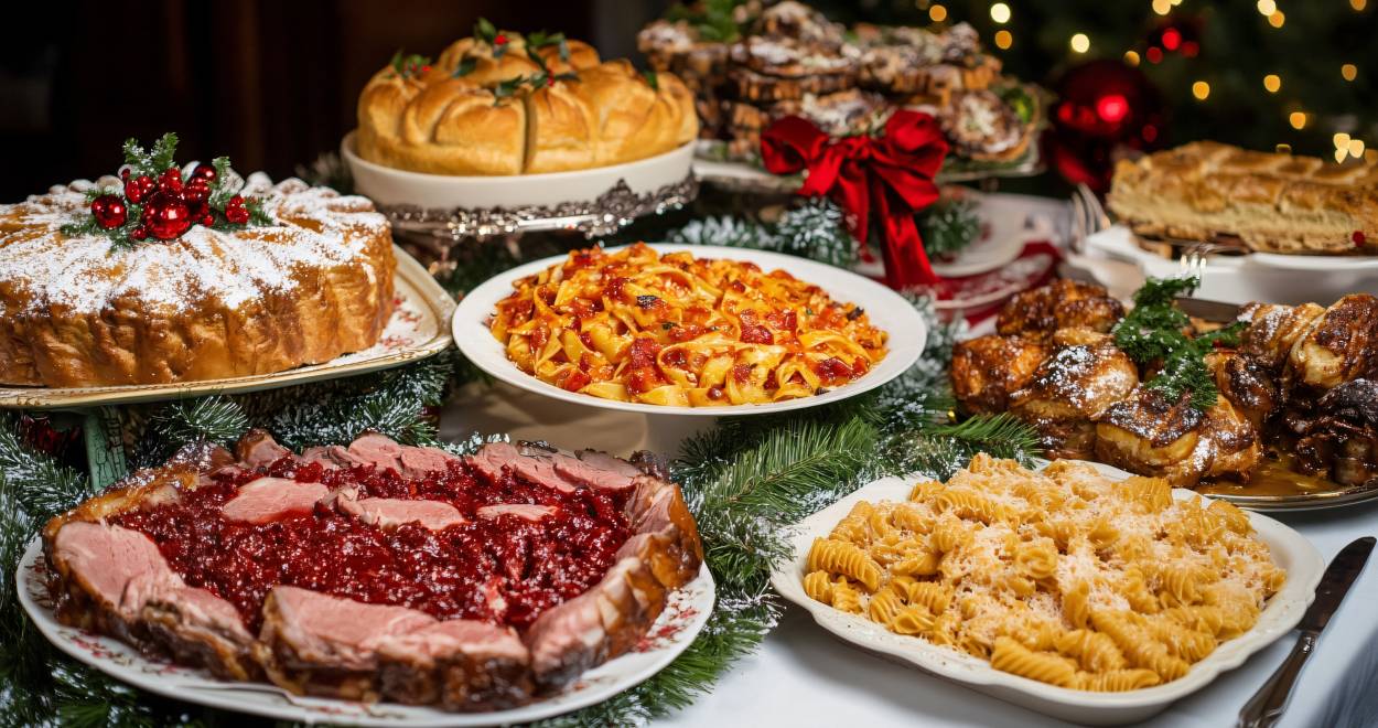Verschiedene italienische Weihnachtsgerichte auf einem großen, festlich dekorierten Tisch