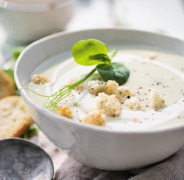 Blumenkohlsuppe in einer Schale getoppt mit Croûtons