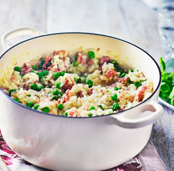 Erbsenrisotto mit Schinken