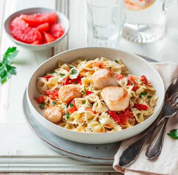 Farfalle agilo olio mit Grapefruit und gebratenen Jakobsmuscheln