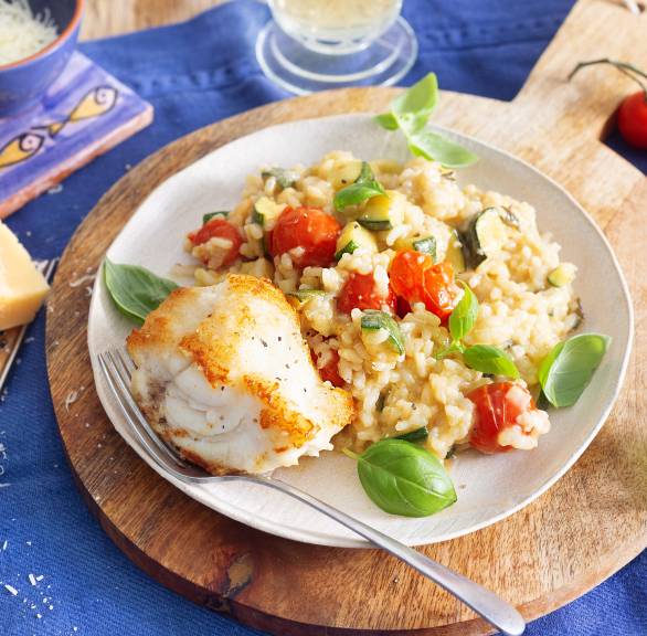 Gebratener Seeteufel mit Zucchini-Tomaten-Risotto