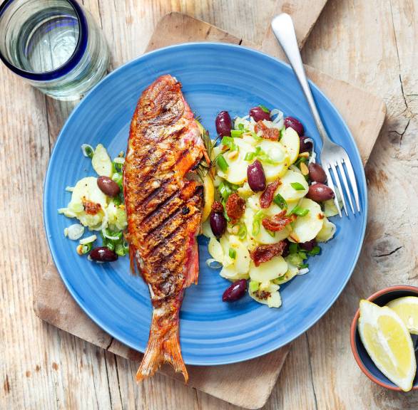 Ganze gegrillte Rotbarbe auf einem Teller, daneben Kartoffelsalat
