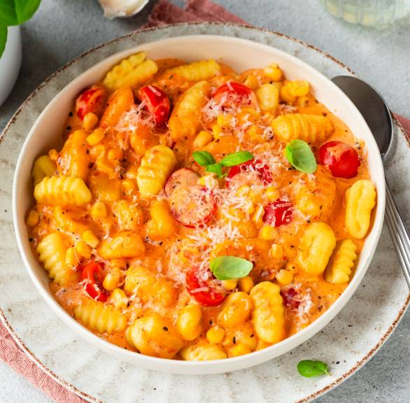 Gnocchi in Tomaten-Sahne-Soße mit Mais und Kirschtomaten auf einem tiefen Teller bestreut mit Parmesan und Basilikumblättern