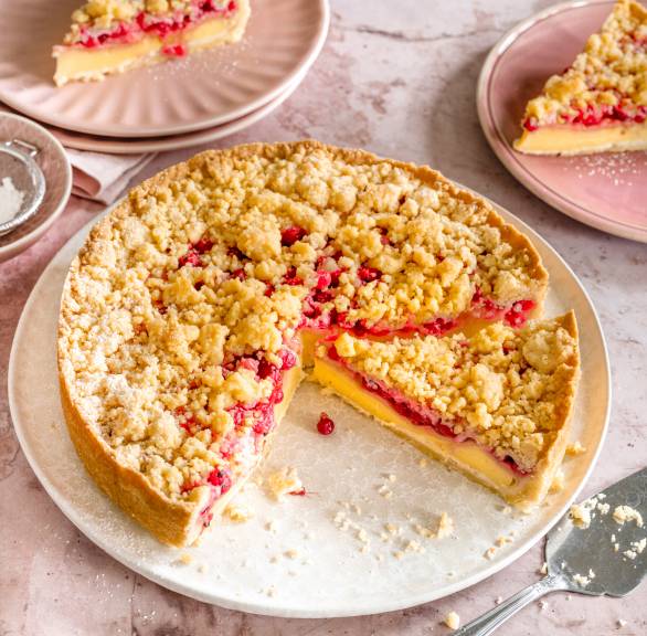 Johannisbeerkuchen mit Pudding und Streuseln angeschnitten auf einer Kuchenplatte, daneben zwei Stücke auf Tellern