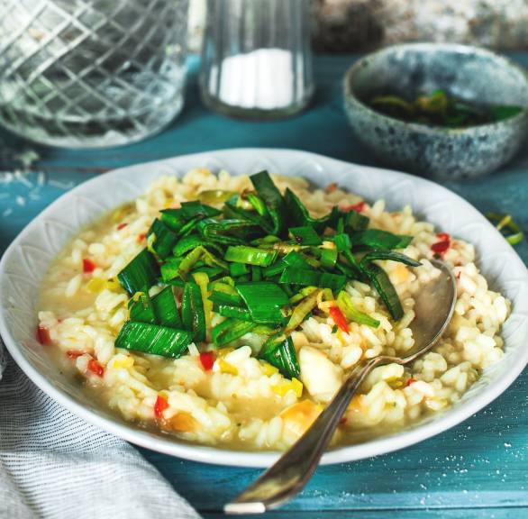 Käse-Lauch-Risotto angerichtet auf einem tiefen Teller