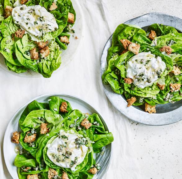 Grüner Salat auf drei Tellern getoppt von Burrata, Kapern und Stücken von Vollkornbaguette