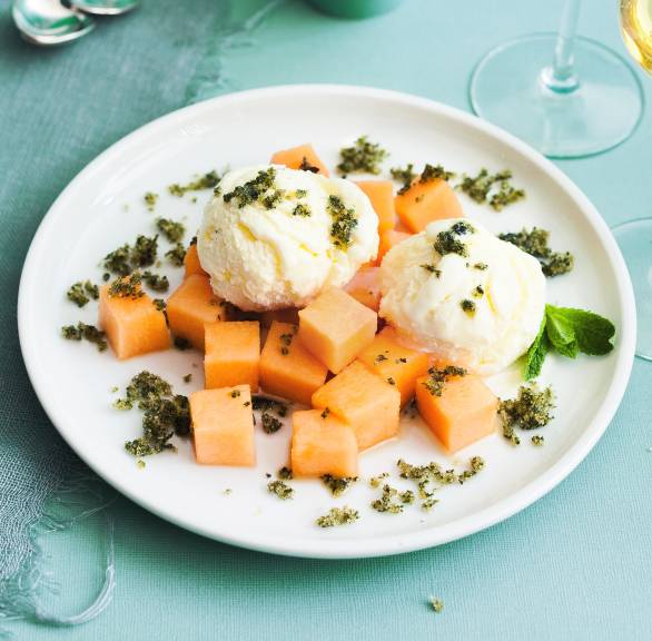Zwei Kugeln selbstgemachtes Limoncello-Eis angerichtet mit Melone und Minze auf einem Dessertteller