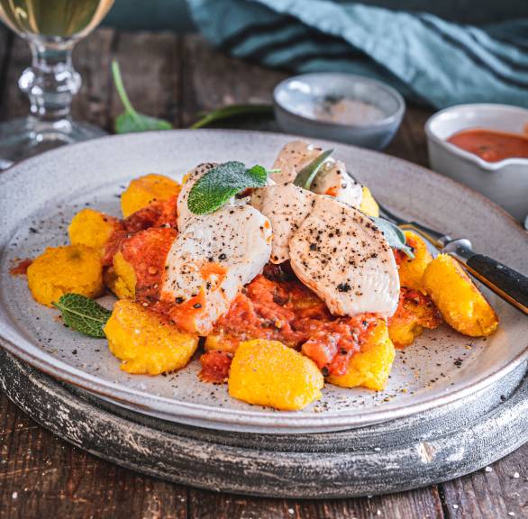 Selbstgemachte Polenta-Gnocchi mit gebratenem Hähnchenbrustfilet getoppt von Tomaten-Gorgonzola-Soße auf einem Teller