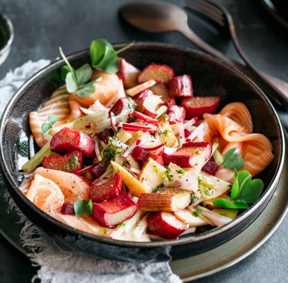 Rhabarber-Salat in einer Schüssel mit rohem Lachs, Apfel und Roter Bete