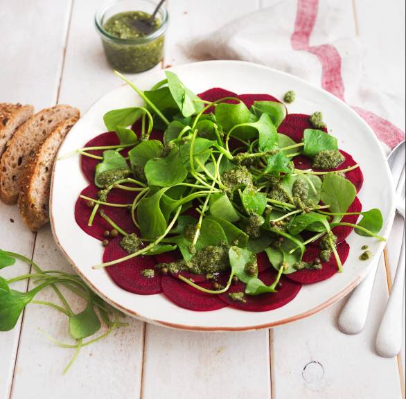 Rote-Bete-Salat auf einem Teller getoppt von mit Portulak und Kürbiskernpesto