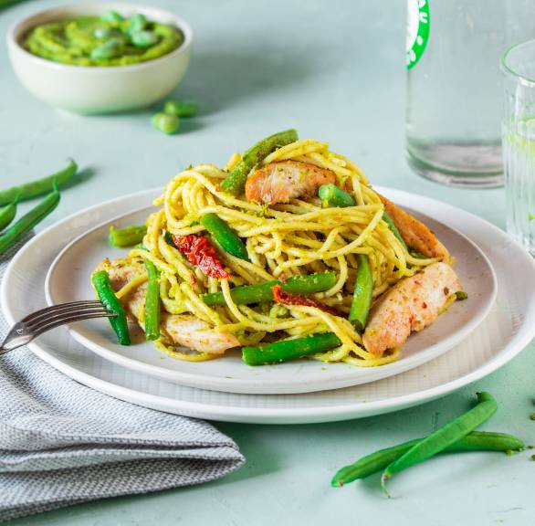 Spaghetti mit Bohnenpesto und Hähnchen