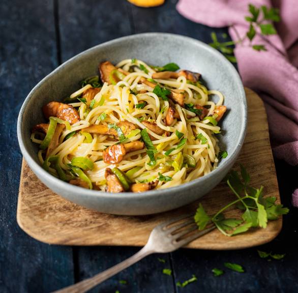 Spaghetti mit Lauch-Pfifferlings-Carbonara