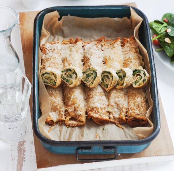 Pfannkuchenröllchen in einer Auflaufform gefüllt mit Spinat und mit Käse überbacken