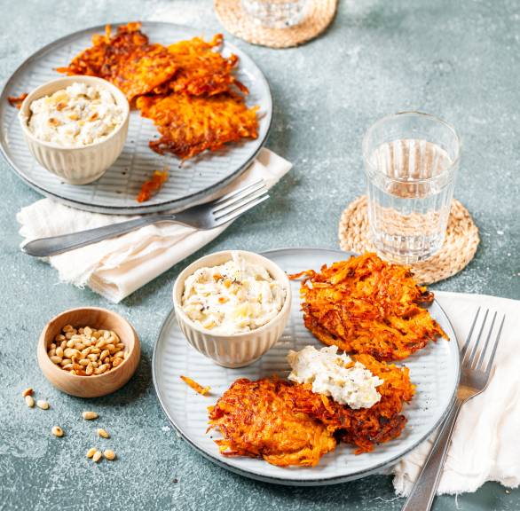 Süßkartoffelpuffer mit Artischockendip