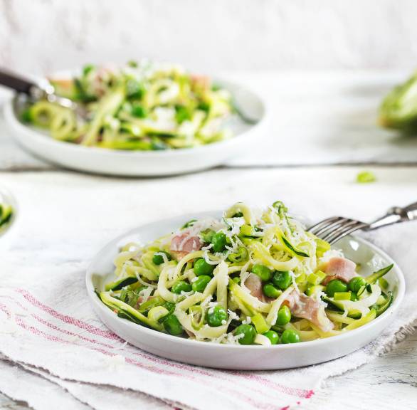 Zucchini-Pasta mit Schinken-Sahnesoße