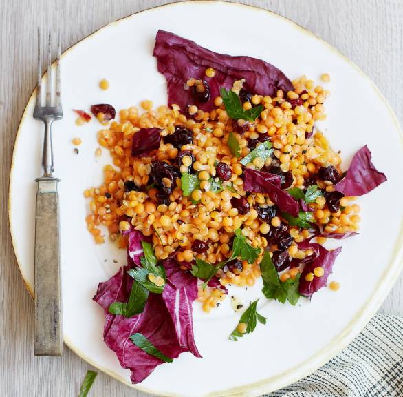 Salat aus roten Linsen und getoppt von Cranberrys auf einem Teller
