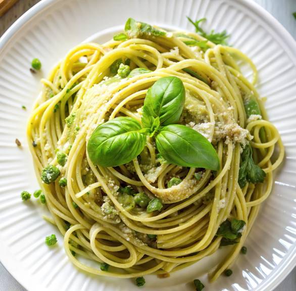 Trenette al Pesto eingedreht und leicht aufgetürmt auf einem weißen Teller, daneben grünes Pesto