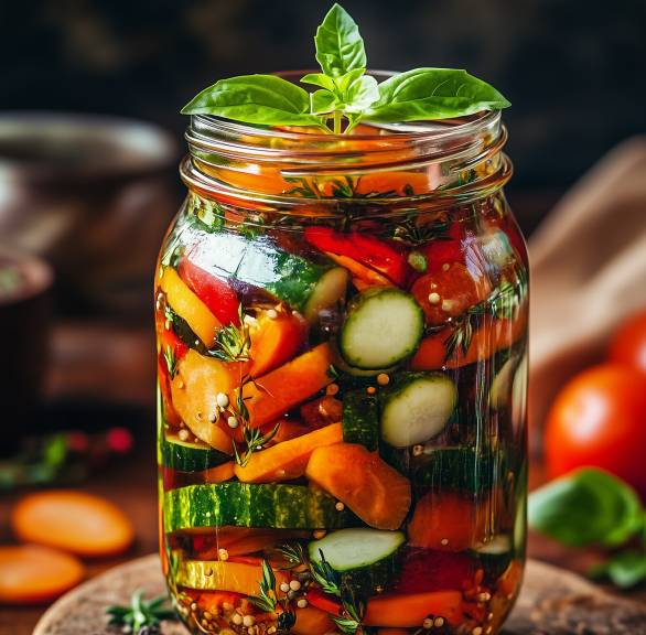 Eingelegtes Antipasti-Gemüse in einem Weckglas Glas, dekoriert mit frischem Basilikum auf einem Holzbrettchen