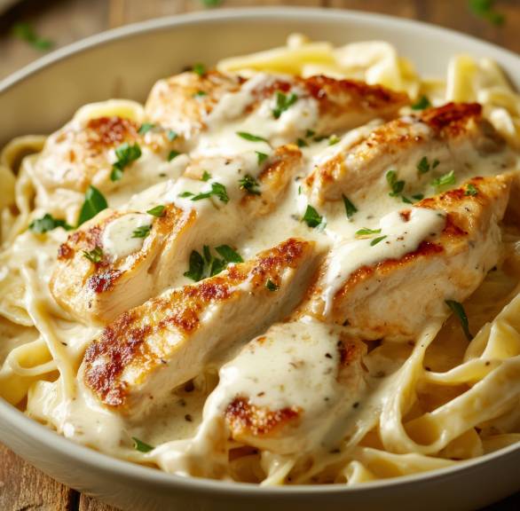 Chicken Pasta auf einem weißen Teller getoppt mit Alfredo-Sauce und frischer Petersilie