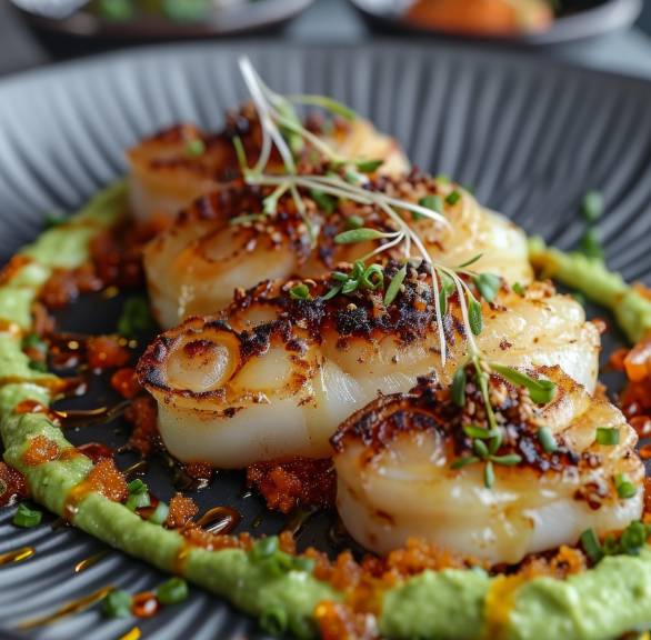 Gebratene Jakobsmuscheln auf einem Vorspeisenteller angerichtet mit Avocadocreme, Fischrogen und frischen Kräutern