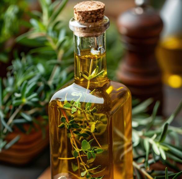 Olivenöl und ganze Kräuterzweige in einer Glasflasche, daneben Zutaten wie Knoblauch