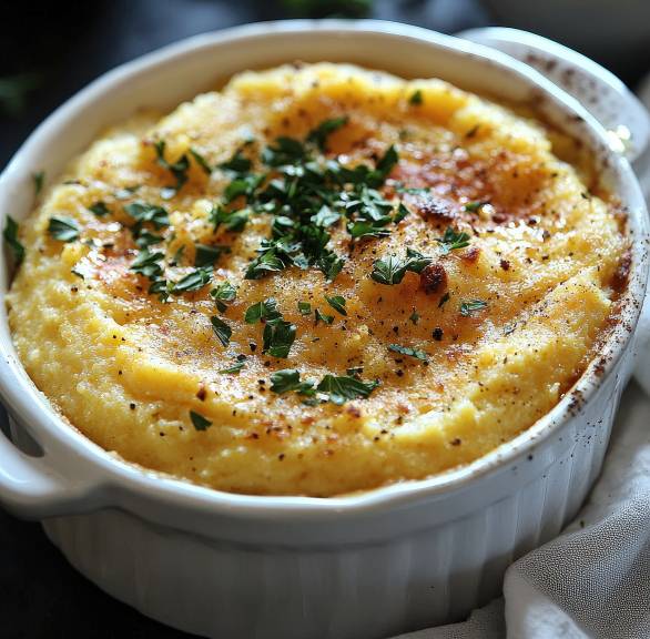 Polenta concia in einer runden Auflaufform getoppt mit frischen Kräutern