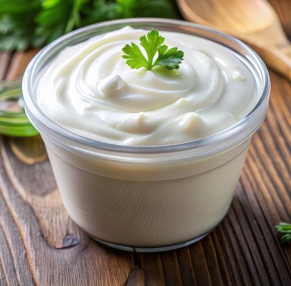 Veganer Ricotta in einem Schälchen auf einem Holztisch garniert mit frischer Petersilie