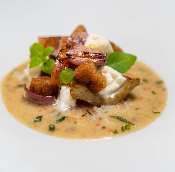 Artischocken-Gazpacho angerichtet auf einem Teller garniert mit Tomaten-Brot-Salat und Burrata im Landhaus Stricker von Holger Bodendorf