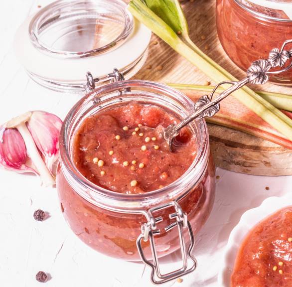 Rhabarber-Senf in zwei offenen Einmachgläsern getoppt mit Senfkörnern