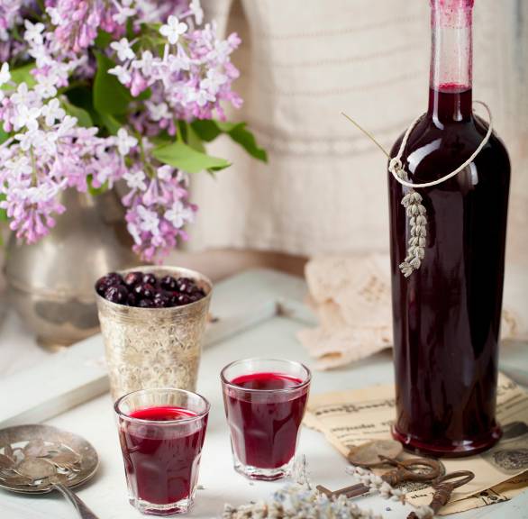 Selbst gemachter Johannisbeerlikör in eine Flasche abgefüllt, daneben zwei Schnapsgläser mit Creme de cassis