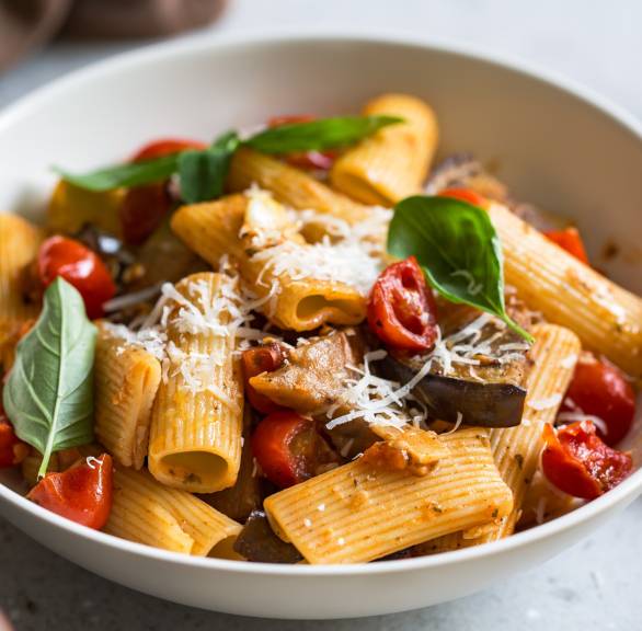 Rigatoni mit Gemüseragout aus Auberginen und Tomaten auf einem tiefen Teller