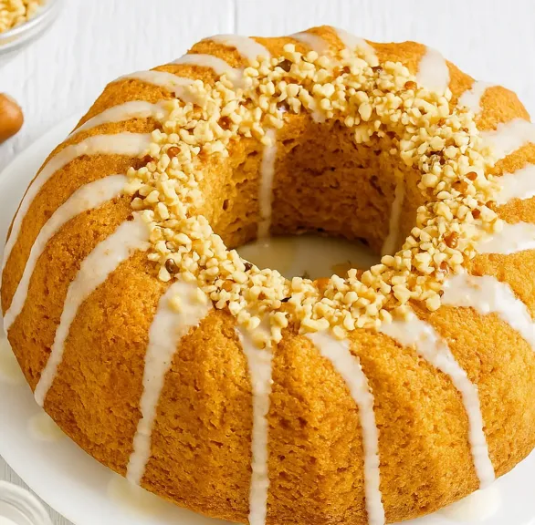 Selbst gebackener Haselnuss-Gugelhupf getoppt von gehackten Nüssen und Vanillesoße auf einer Kuchenplatte