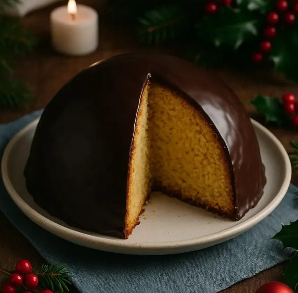 Kuppelförmiger Parrozzo di Pescara Weihnachtskuchen mit Schokoladenglasur angeschnitten auf einem weihnachtlich dekorierten Tisch