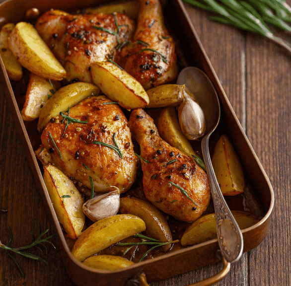 Gebackene Hähnchenteile und Kartoffelspalten mit Knoblauch in einer Auflaufform, daneben ein Zweig Rosmarin