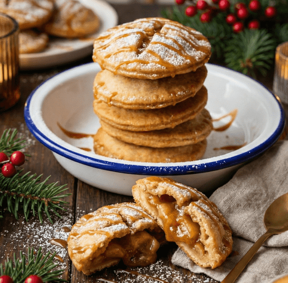 Selbstgebackene Apfelküchlein gestapelt auf einem Kuchenteller, daneben einer halbiert mit sichtbarer Apfel-Karamell-Füllung