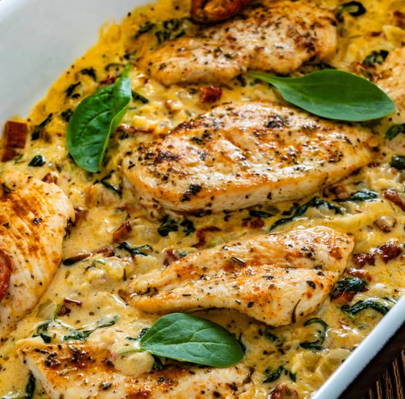 Gebackener Low Carb Toskana Hähnchen-Auflauf mit Spinat und getrockneten Tomaten garniert mit Basilikumblättern in einer Auflaufform