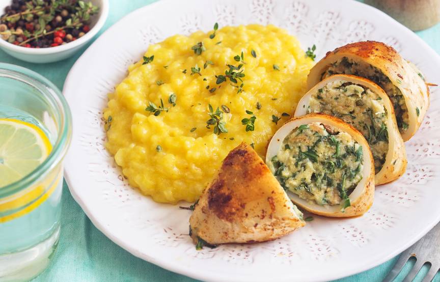 Gefüllte Tintenfische mit Safranrisotto
